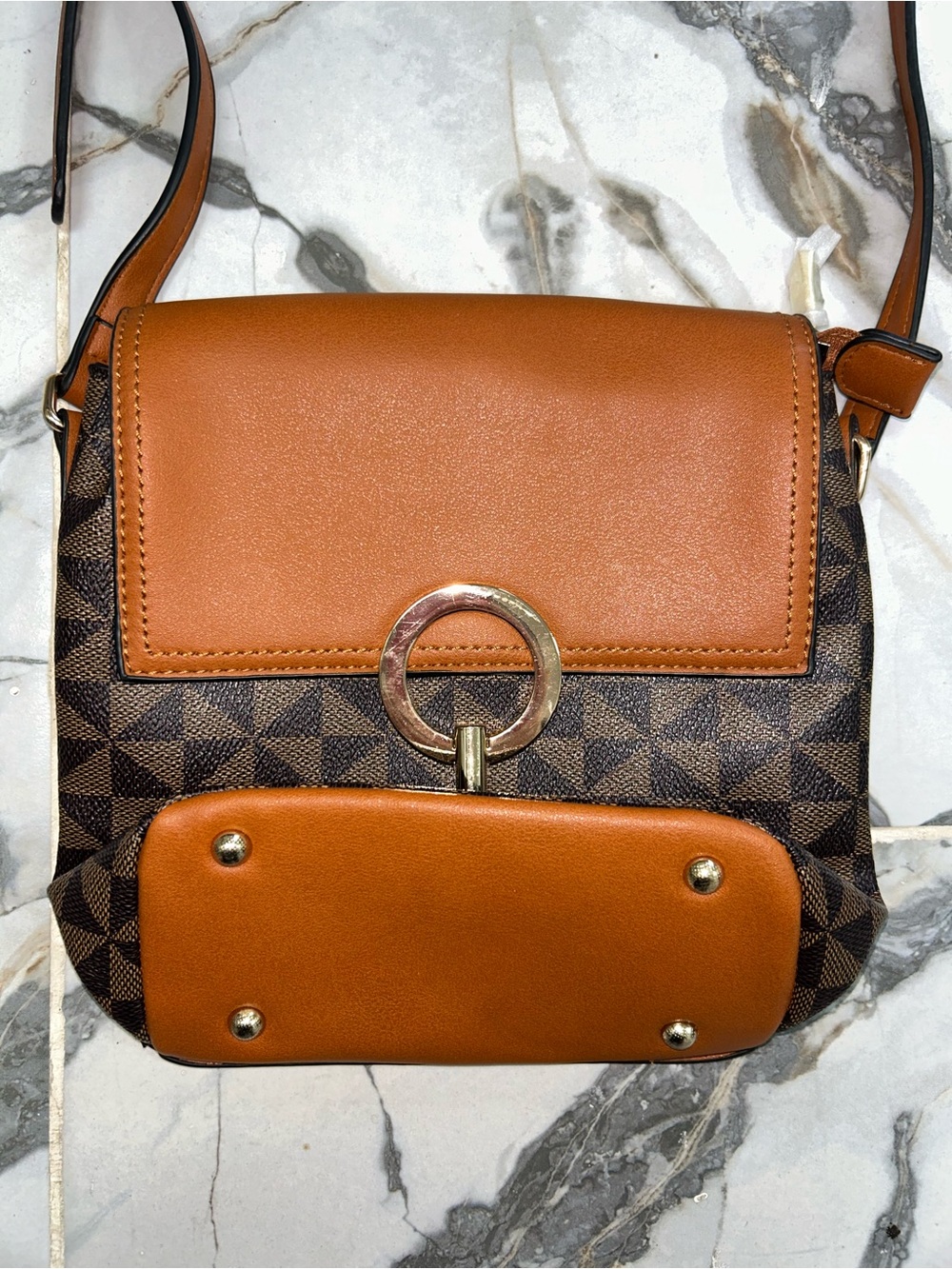 Tan, Pattern Crossbody Bag with Gold Ring Accent NWOT